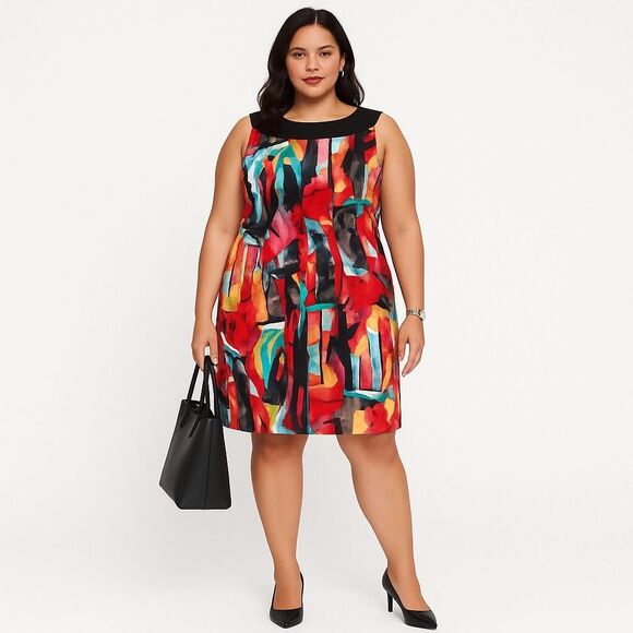 Women's Multicolor Sleeveless Colorful Office Maximalist Modern Dress Sz 22 - Picture 1 of 12